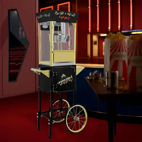 Miniatura 6 de Máquina de palomitas de maíz de 12 onzas con carrito, máquina de palomitas vintage con soporte, ruedas, hervidor de acero inoxidable, cajón de Negro