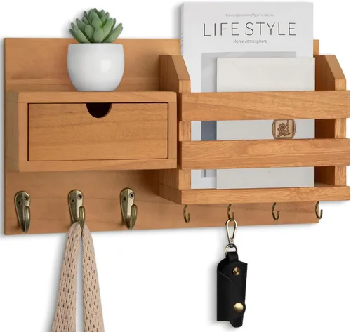 Miniatura 9 de Lwenki Organizador de llaves y correo de pared con cajón de almacenamiento, 100% madera de Paulownia, 7 ganchos de metal, decoración del hogar