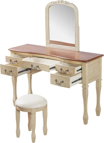 Miniatura 8 de Tocador de maquillaje vintage de 46 pulgadas con espejo curvado con marco de flores, tocador con 5 cajones y taburete de cuero, escritorio con patas