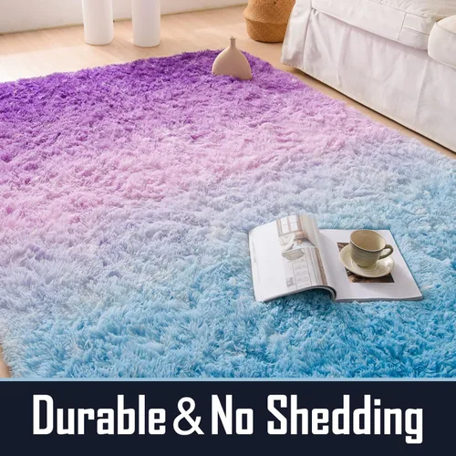 Miniatura 6 de A Nice Night Alfombra de piel sintética lanuda y esponjosa, con estampado de estrellas y purpurina de teñido anudado azul y morado, suave, lujosa