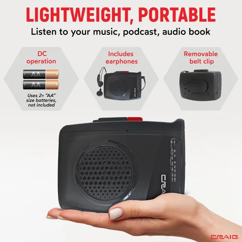 Miniatura 3 de Craig Reproductor de cassette estéreo/grabadora con auriculares: radio AM/FM portátil y sistema de grabación de un solo toque