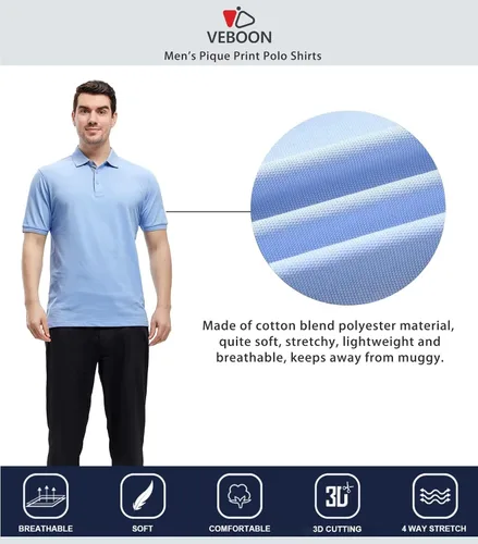 Miniatura 5 de VEBOON Polo de piqué para hombre de manga corta, mezcla de algodón, cuello casual, para negocios