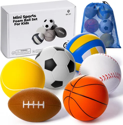 Juego de 6 mini bolas deportivas de espuma para niños, juguetes de pelota para niños pequeños, fútbol de espuma, fútbol para bebés, mini baloncesto