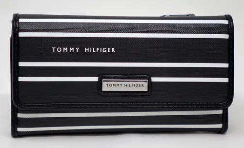 Miniatura 2 de Tommy Hilfiger Bolso de embrague de cartera de chequera a rayas con logotipo blanco y negro