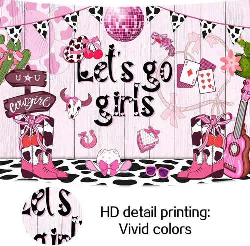 Miniatura 7 de Fondo de vaquera rosa de 5 x 3 pies con estampado de vaca disco occidental para niñas, cumpleaños, despedida de soltera, adolescente, decoración