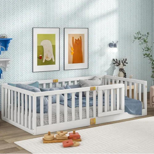 Miniatura 15 de Tatub Cama Montessori de suelo individual con rieles altos, marco de cama Montessori de madera maciza para niños, la puerta se puede instalar a Gris