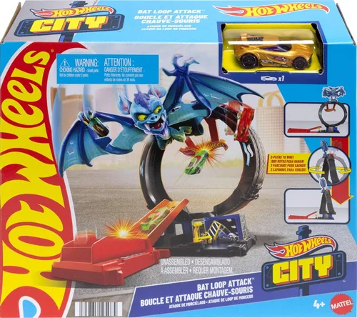 Miniatura 6 de Hot Wheels City Toy Car Track Set, Bat Loop Attack con lazo ajustable y lanzador, vehículo a escala 1:64, se conecta a otros