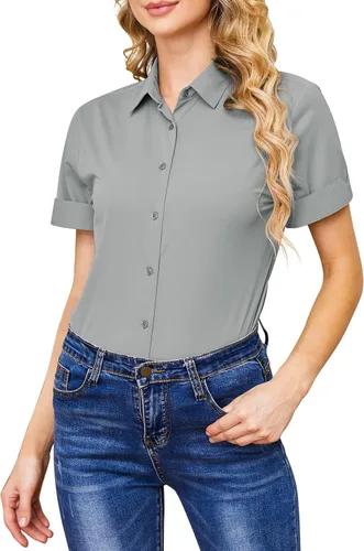 Miniatura 9 de Camisas con botones para mujer, sin arrugas, ajustadas, manga corta, formal, sólidas, blusas