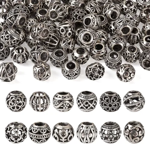 66 cuentas europeas tibetanas de plata antigua, cuentas de agujero grande, cuentas huecas de aleación hueca, espaciadores de metal, cuentas de