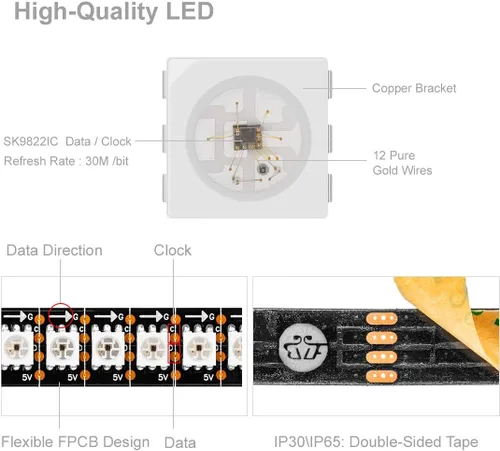 Miniatura 3 de BTF-LIGHTING SK9822 (similar a APA102C) direccionable individualmente 3.3ft 3.3 ft 144 píxeles/LED Datos de PCB negros no impermeables y reloj por