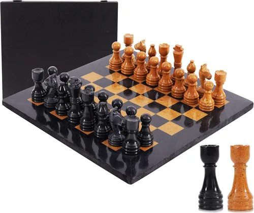 Miniatura 12 de Juego de ajedrez de mármol para adultos de 15 pulgadas, hecho a mano, juego de mesa negro y coral con 32 piezas de ajedrez, 2 reinas adicionales