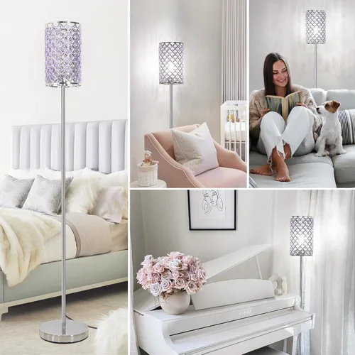 Miniatura 6 de Lámpara de pie para dormitorio, lámpara de pie de cristal lavanda con pantalla glamurosa, lámpara de pie elegante con interruptor de pie