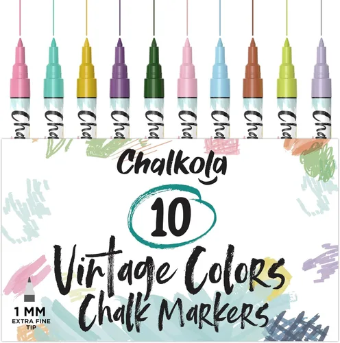 Chalkola - Marcadores de tiza líquida de punta extra fina para pizarra, pizarrones, ventana, bistró (10 colores vintage, 1 mm) - Marcadores de