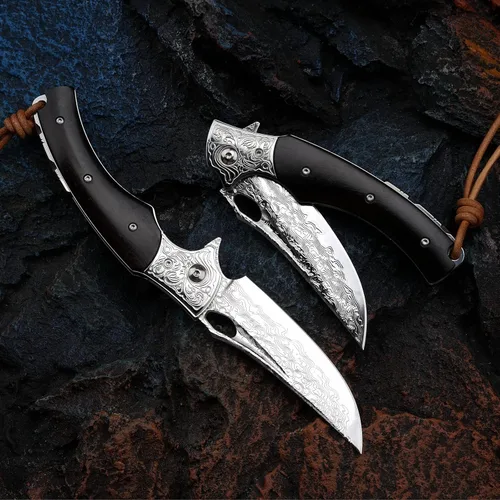 Miniatura 3 de Cuchillo plegable japonés VG10 de acero Damasco de 3.5 pulgadas para exteriores con mango de madera negra, cerradura forrada, uso EDC y camping