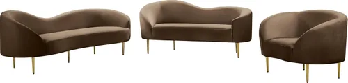 Miniatura 7 de Meridian Furniture 659Brown-L Ritz Collection Modern Sofá biplaza tapizado contemporáneo con terciopelo marrón intenso, patas de metal dorado