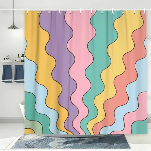 Miniatura 6 de Neutral Muted Earth Tone Wavy Shower Curtain Mid Century Modern Sage Taupe Blush Abstract Boho Bathroom Curtain Set with Hooks 36x72 Inch