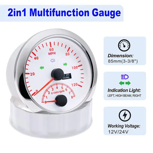 Miniatura 5 de ARTILAURA Velocímetro GPS 0-120 MPH con Tacómetro 8000 RPM 85 mm 3-3/8" Velocímetro GPS para embarcaciones con antena para automóvil marino (blanco)