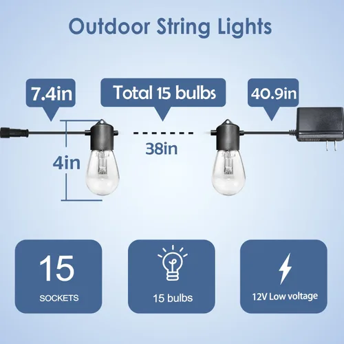 Miniatura 2 de GANA - Tira de luces LED para exteriores de 12V de bajo voltaje y segura, 48 pies, 15 bombillas inastillables, 2200K, luz blanca cálida