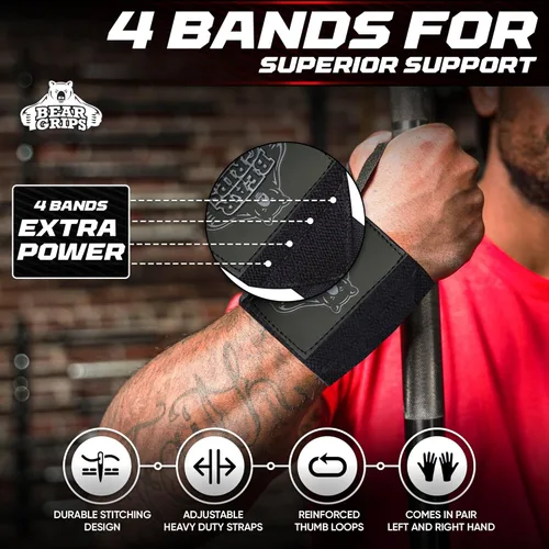 Miniatura 2 de Bear Grips Muñequeras para levantamiento de pesas Correas de muñeca para levantamiento de pesas Muñequeras de gimnasio extra fuertes Dos