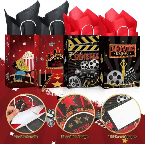 Miniatura 3 de Funrous 24 bolsas de fiesta nocturna de película con papel de seda, bolsas de recuerdo de película con asas, regalo de regalo para niños