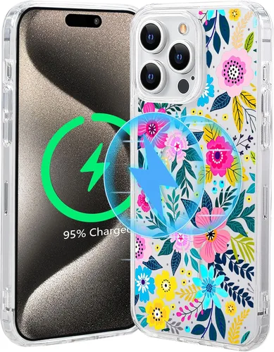 Miniatura 44 de Funda magnética de flores para iPhone 15 [compatible con MagSafe] Bonito patrón floral transparente a prueba de golpes
