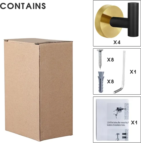 Miniatura 7 de Paquete de 4 ganchos para toallas de bata, gancho de pared negro y dorado, de acero inoxidable, resistente, colgador de puerta, toalla, ropa, Negro