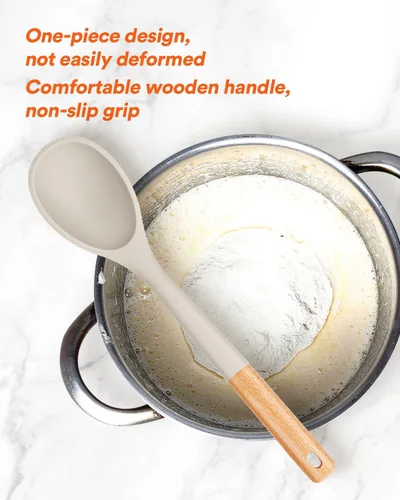 Miniatura 3 de Cucharas de cocina grandes de silicona, cuchara antiadherente con mango de madera maciza, cucharas de cocina de silicona resistentes al calor