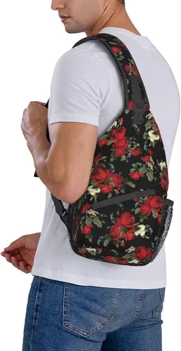 Miniatura 6 de Junong Bolso bandolera bandolera para viajes, senderismo, pecho, mochila deportiva para mujeres y hombres, Patrón floral de rosas rojas