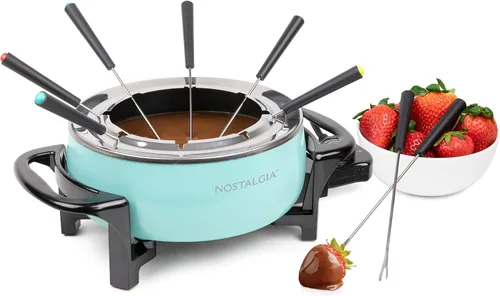 Nostalgia - Set de olla de fondue eléctrica de 12 tazas para queso y chocolate - 8 tenedores codificados por color, control de temperatura -