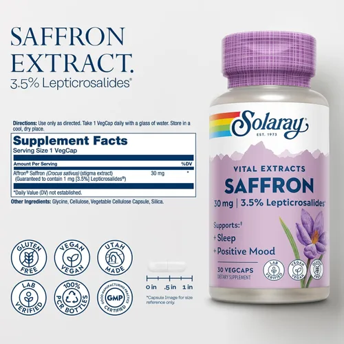Miniatura 2 de SOLARAY Extracto de azafrán – Apoyo positivo para el sueño y el estado de ánimo – Suplementos de azafrán veganos y sin gluten – Verificado por