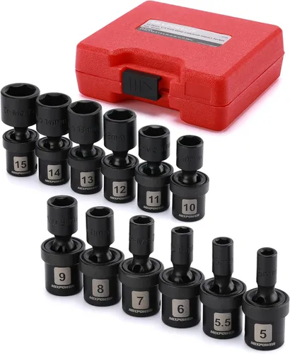 MIXPOWER Juego de 12 piezas de enchufe de impacto universal métrico de 1/4" de profundidad, CR-MO, enchufe giratorio con oscilación flexible, 5mm -