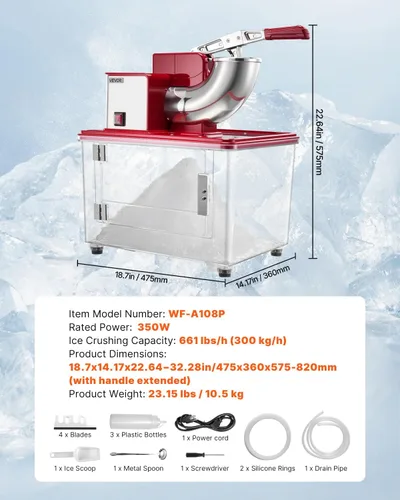 Miniatura 7 de VEVOR Trituradora de hielo comercial 661LBS/H, máquina eléctrica de cono de nieve de 350 W con 4 cuchillas, máquina de hielo afeitado de acero Rojo
