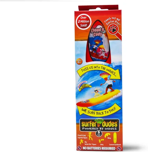 Surfer Dudes Legends & Surfer Pets Mini surfista accionado mediante olas, juguete para la playa con mascota y tabla de surf - Cloud 9 Cody y Sky