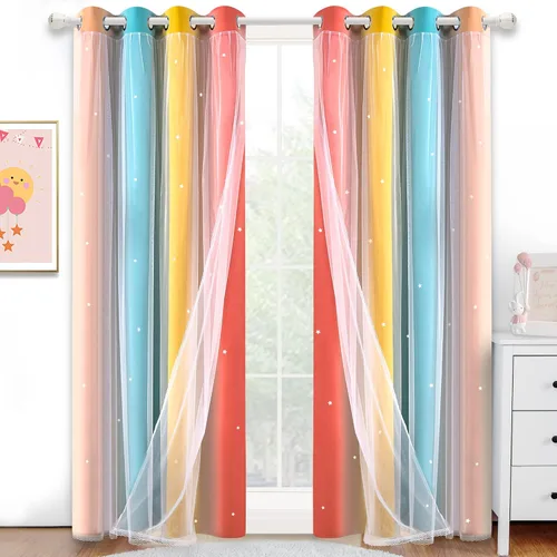Miniatura 18 de Cortinas opacas con recorte de estrellas y arcoíris para guardería/habitación de niños/niñas, con superposición de tul, 2 paneles, cada una de 52