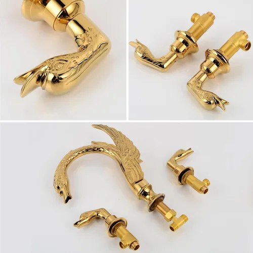 Miniatura 7 de Oro dorado adornado estilo cisne baño fregadero grifo combinado cubierta montaje fregadero mezclador grifo conjunto agua fría caliente
