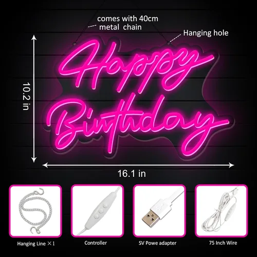Miniatura 5 de Letrero de neón de feliz cumpleaños, reutilizable, luz LED de neón rosa, decoración de fiesta de cumpleaños, funciona con USB, decorativo para telón