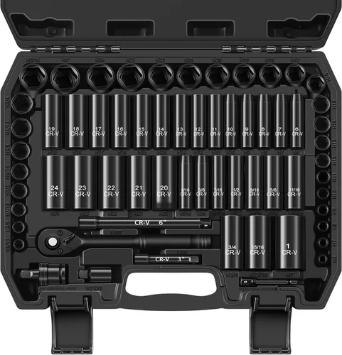 Reniteco Juego de 64 piezas de llaves de 3/8 pulgadas, SAE (5/16"-1") y métricas (0.236 in-0.945 in), profundas y superficiales, llave de trinquete