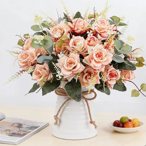Miniatura 8 de LESING Rosa artificial con jarrón, ramos de flores de seda falsas en jarrón, arreglo de centro de mesa para cocina, sala de estar (champán-1)