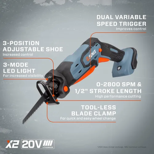 Miniatura 5 de SENIX PSRX2-M1-0 X2 20 Volt Max* Sierra alternativa compacta de 1/2 pulgada, velocidad variable, 2800 SPM máximo, abrazadera de hoja sin
