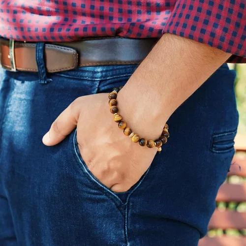 Miniatura 7 de RTZN Pulsera de ojo de tigre para hombre Pulseras artesanales de primera calidad hechas a mano 100% auténticas con cuentas de ojo de tigre dorado