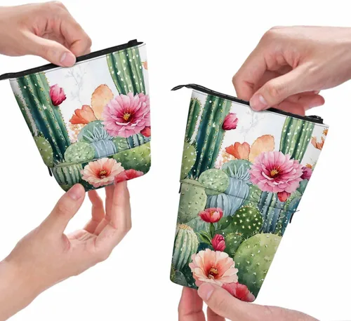 Swono Estuche de lápices florales de cactus con flores tropicales brillantes, rosas, cactus, acuarela, estuche para lápices, estuche para lápices,