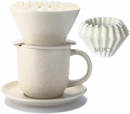 Cafetera vertida, con 50 filtros de café de cesta, taza de 10.5 fl oz/10 oz con platillo y gotero de café, cerámica, blanco roto