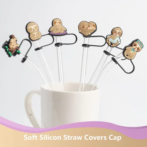 Miniatura 3 de 6 piezas de cubierta de pajita de silicona con diseño de perezoso para vaso Stanley, 7-8mm, reutilizable, lindo tapón rosa para pajitas, accesorios