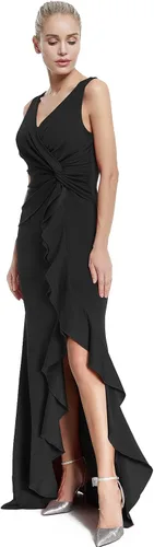 Miniatura 4 de Lsisi Vestido largo formal de noche para mujer, con cuello en V, sin mangas, con abertura alta