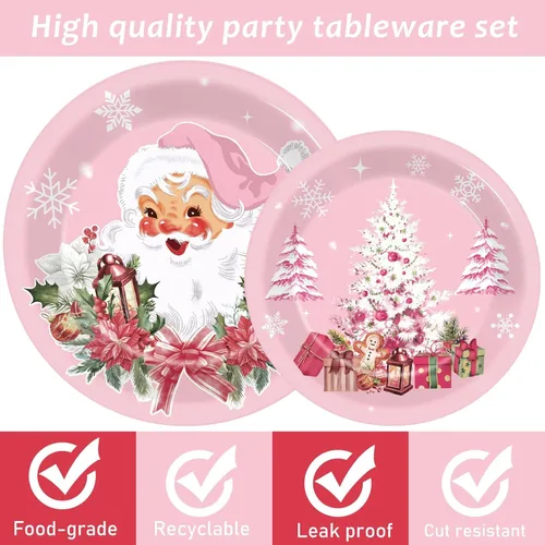 Miniatura 3 de Juego de vajilla rosa para fiesta de Navidad, 96 piezas, suministros de fiesta de copos de nieve de Papá Noel, platos desechables para árbol