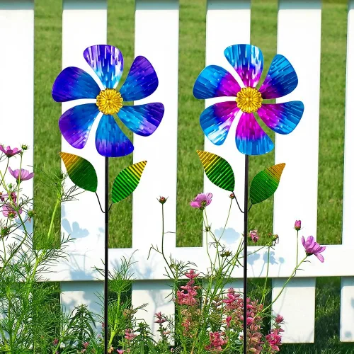 Miniatura 4 de Viveta Paquete de 2 molinos de viento de jardín, molino de viento de metal de flores de 35.4 pulgadas, escultura de viento rosa y azul, molinetes