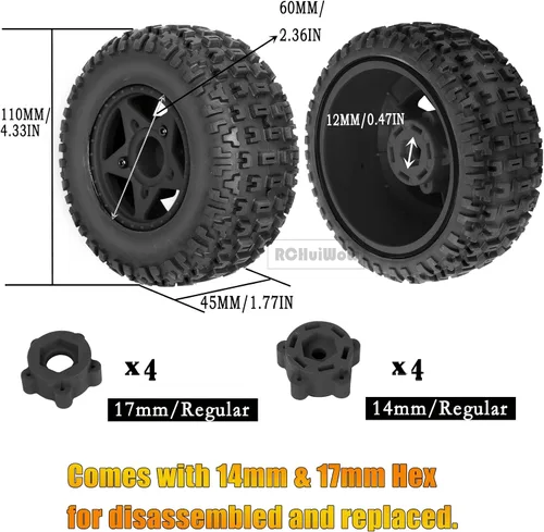 Miniatura 4 de Ruedas y neumáticos hexagonales RC de 0.472 in/0.551 in para camión escala 1/10, neumáticos de camión RC para 1/10 Slash 2WD 4×4 Senton Axia1 L0SI