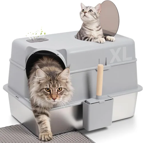 Miniatura 8 de Paquete de 2 cajas de arena para gatos de acero inoxidable con tapa, litterox extra grande para gatos grandes con lado alto, antiadherente, fácil