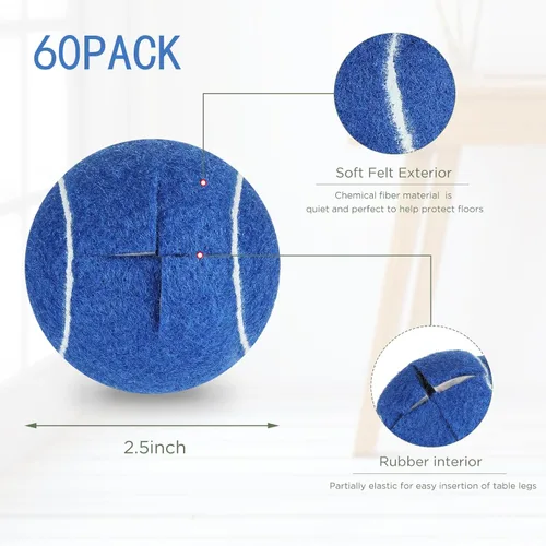 Miniatura 2 de Macarrie 60 pelotas de tenis precortadas a granel para sillas resistentes y de larga duración para muebles de aula, protectores de patas y Azul