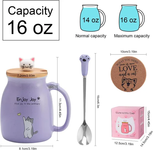 Miniatura 6 de Taza Linda de Gato de Cerámica para Café con Tapa de Madera de Gato Kawaii, Encantadora Cuchara de Acero Inoxidable, Posavasos de Madera Engrosada